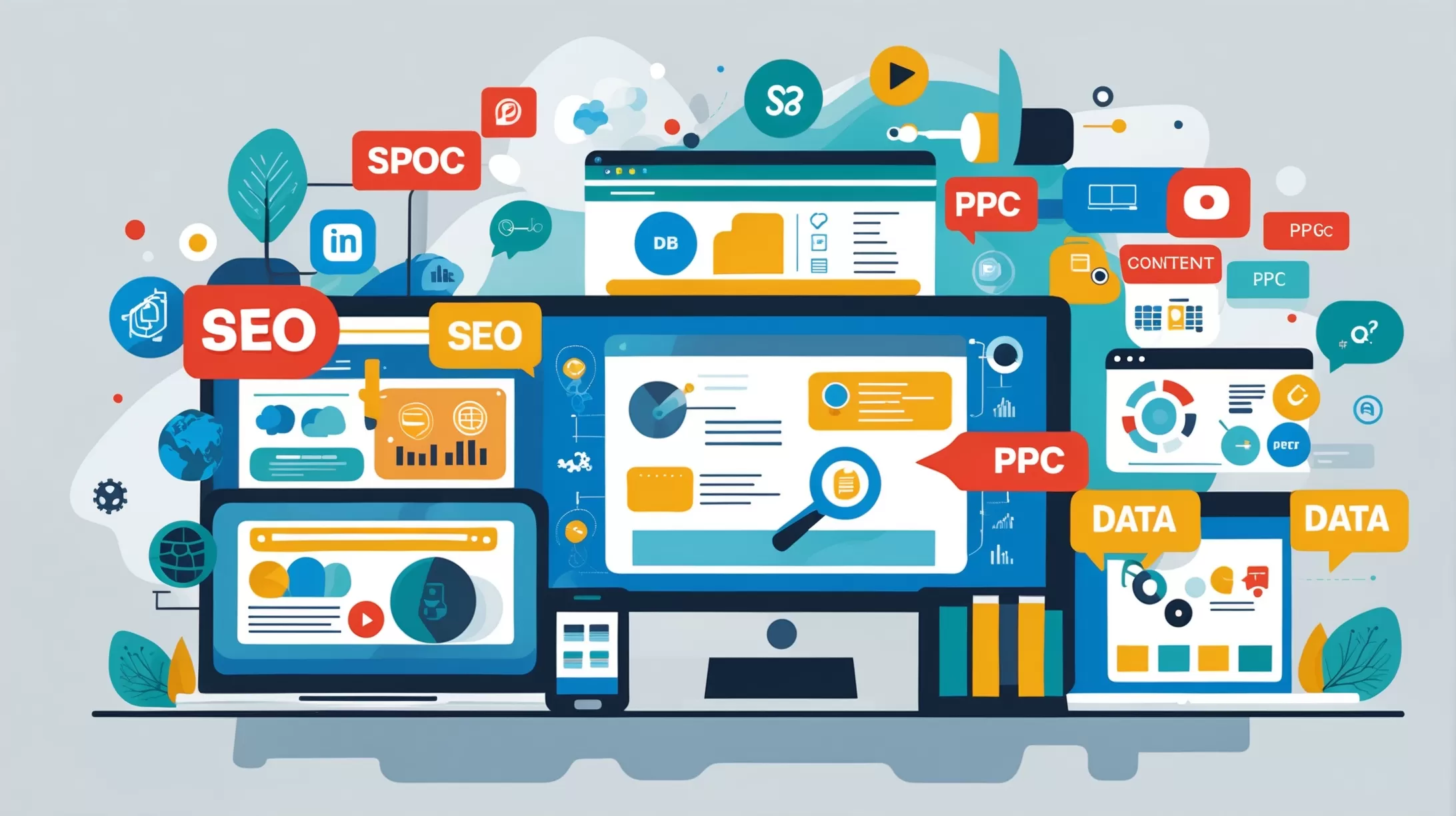 איור המציג כלי פרסום ברשת כמו SEO ו-PPC